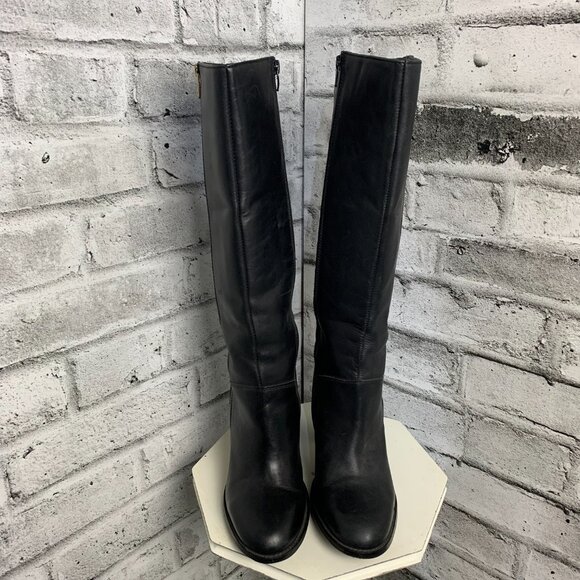 Vintage Black Leather Exposed Gold Zipper Block Heel Knee High Tall Boots - Picture 2 of 10